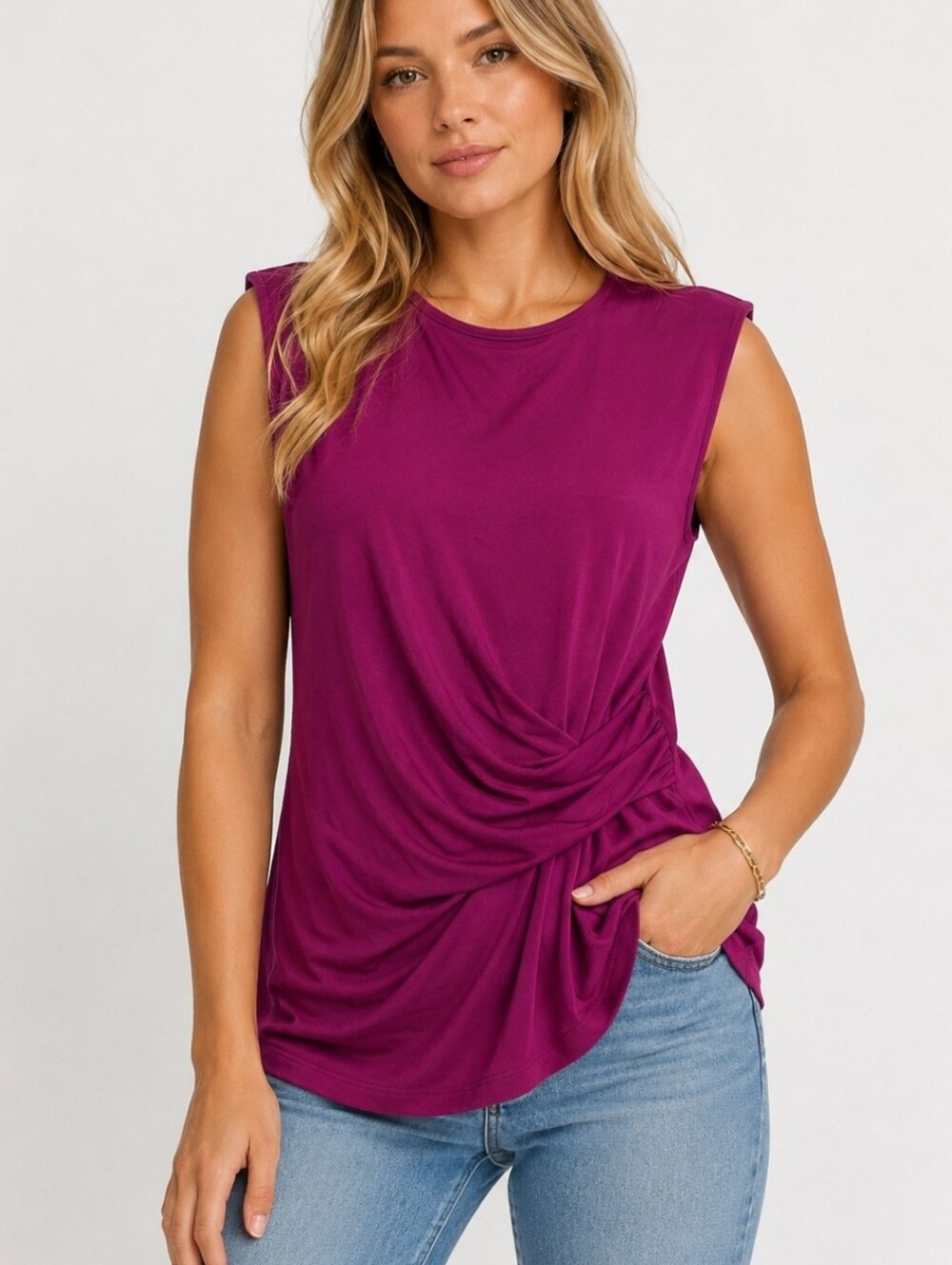 Calvin Klein Sleeveless Twist-Front Top in Magenta